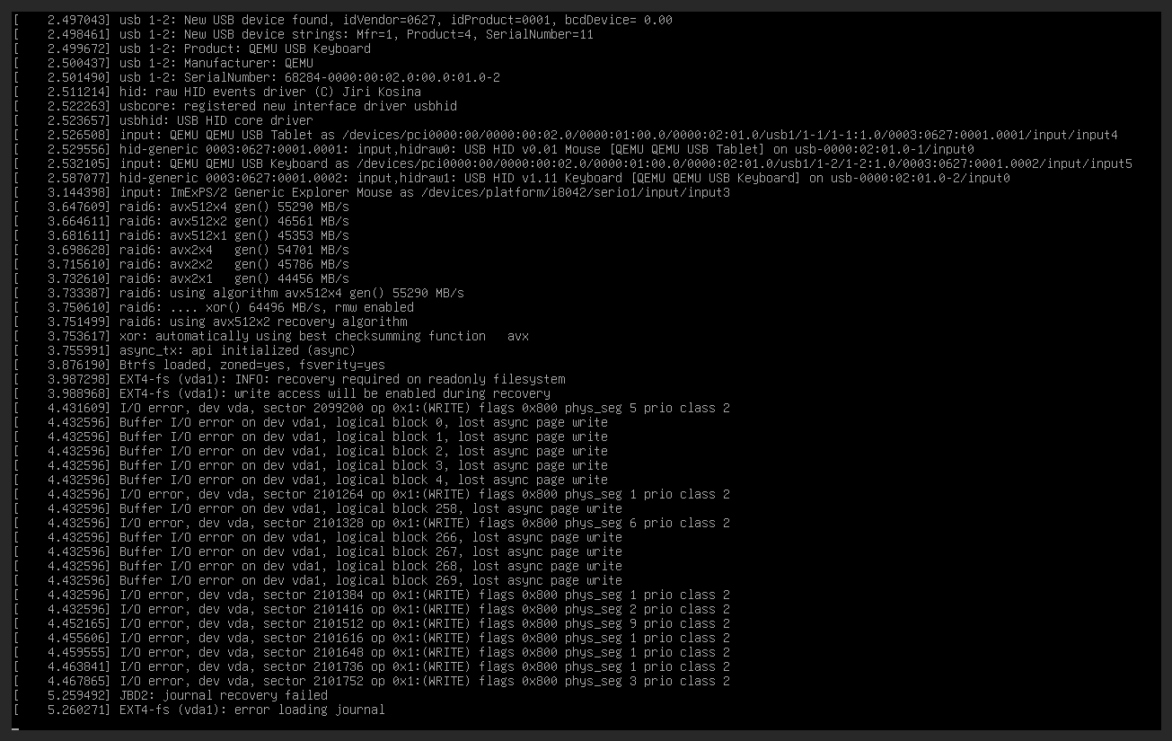 screenshot of a VM stuck at boot because its root disk is locked